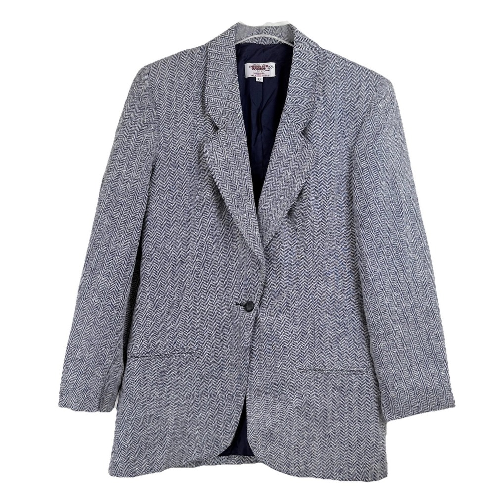 VTG 80s Pagano West Blazer Women 6 CA USA Herringbone Tweed Long Navy Western‎